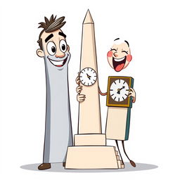 A whimsical and animated illustration of two famous obelisks: the Obelisco de Buenos Aires representing a male character, and the Obelisco de Barquisimeto representing a female character