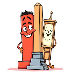 A whimsical and animated illustration of two famous obelisks: the Obelisco de Buenos Aires representing a male character, and the Obelisco de Barquisimeto representing a female character