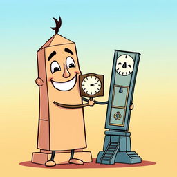 A whimsical and animated illustration of two famous obelisks: the Obelisco de Buenos Aires representing a male character, and the Obelisco de Barquisimeto representing a female character