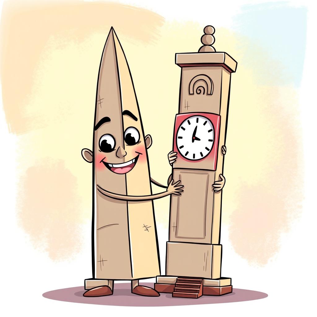 A whimsical and animated illustration of two famous obelisks: the Obelisco de Buenos Aires representing a male character, and the Obelisco de Barquisimeto representing a female character