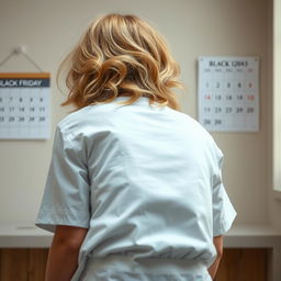 A close-up perspective from behind, focusing on a bubble butt of a woman with medium-length frizzy blonde hair, bending over a counter