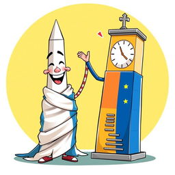 A playful and animated portrayal of two iconic obelisks: the Obelisco of Buenos Aires, depicted as a cheerful male character wrapped in the Argentine flag colors, showcasing a joyful facial expression with eyes, a nose, and a big loving smile