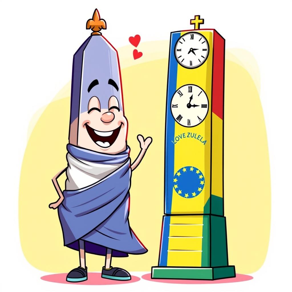 A playful and animated portrayal of two iconic obelisks: the Obelisco of Buenos Aires, depicted as a cheerful male character wrapped in the Argentine flag colors, showcasing a joyful facial expression with eyes, a nose, and a big loving smile