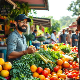 A bustling market scene with Indian cricketer Virat Kohli enthusiastically selling fresh fruits and vegetables