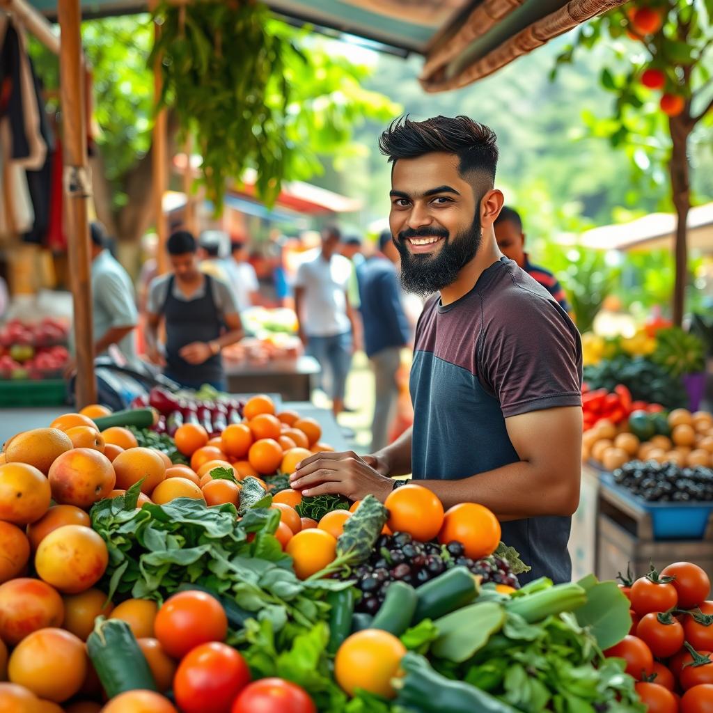 A bustling market scene with Indian cricketer Virat Kohli enthusiastically selling fresh fruits and vegetables