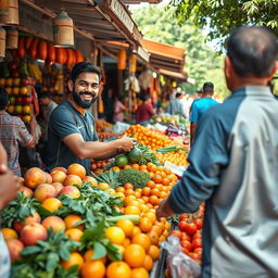 A bustling market scene with Indian cricketer Virat Kohli enthusiastically selling fresh fruits and vegetables