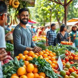 A bustling market scene with Indian cricketer Virat Kohli enthusiastically selling fresh fruits and vegetables