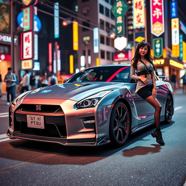 A striking scene featuring a Nissan GT-R R35, showcasing its sleek and aggressive design, parked on a vibrant city street