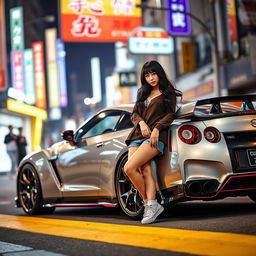 A striking scene featuring a Nissan GT-R R35, showcasing its sleek and aggressive design, parked on a vibrant city street