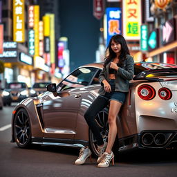 A striking scene featuring a Nissan GT-R R35, showcasing its sleek and aggressive design, parked on a vibrant city street