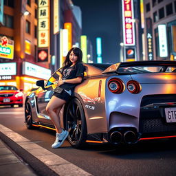 A striking scene featuring a Nissan GT-R R35, showcasing its sleek and aggressive design, parked on a vibrant city street