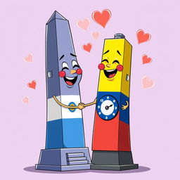 A charming animated scene featuring the Obelisco de Buenos Aires representing a male figure, adorned with the Argentine flag colors painted on it, and the Obelisco de Barquisimeto representing a female figure