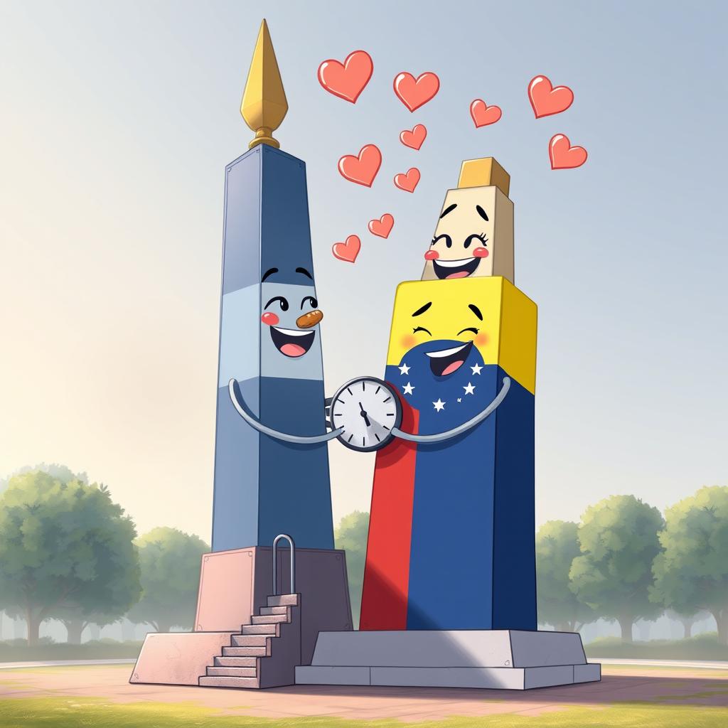 A charming animated scene featuring the Obelisco de Buenos Aires representing a male figure, adorned with the Argentine flag colors painted on it, and the Obelisco de Barquisimeto representing a female figure