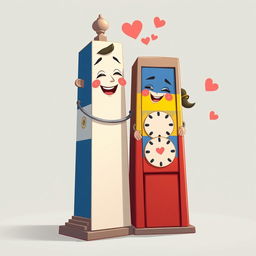 A charming animated scene featuring the Obelisco de Buenos Aires representing a male figure, adorned with the Argentine flag colors painted on it, and the Obelisco de Barquisimeto representing a female figure