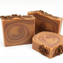 A beautifully crafted homemade coffee soap, featuring a rich brown color with swirls and texture to represent the coffee grounds within