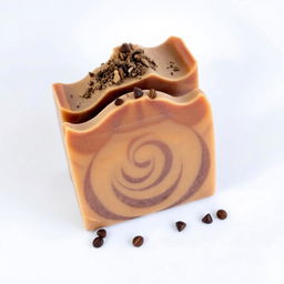 A beautifully crafted homemade coffee soap, featuring a rich brown color with swirls and texture to represent the coffee grounds within