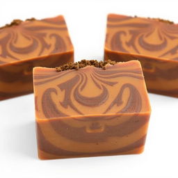 A beautifully crafted homemade coffee soap, featuring a rich brown color with swirls and texture to represent the coffee grounds within