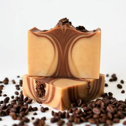 A beautifully crafted homemade coffee soap, featuring a rich brown color with swirls and texture to represent the coffee grounds within