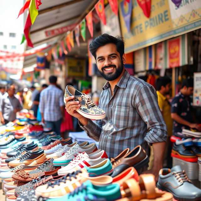 A vibrant marketplace scene featuring Rizwan Khan, a friendly man with warm features, energetically selling a variety of colorful shoes