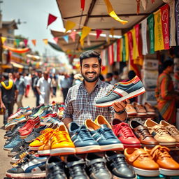A vibrant marketplace scene featuring Rizwan Khan, a friendly man with warm features, energetically selling a variety of colorful shoes