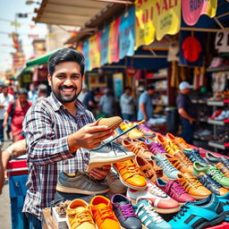 A vibrant marketplace scene featuring Rizwan Khan, a friendly man with warm features, energetically selling a variety of colorful shoes