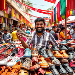 A vibrant marketplace scene featuring Rizwan Khan, a friendly man with warm features, energetically selling a variety of colorful shoes