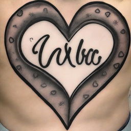 A high-resolution digital image of a tattoo design featuring a detailed heart shaded in black and grey tones, with the word 'Gabe' superimposed in bold, cursive script