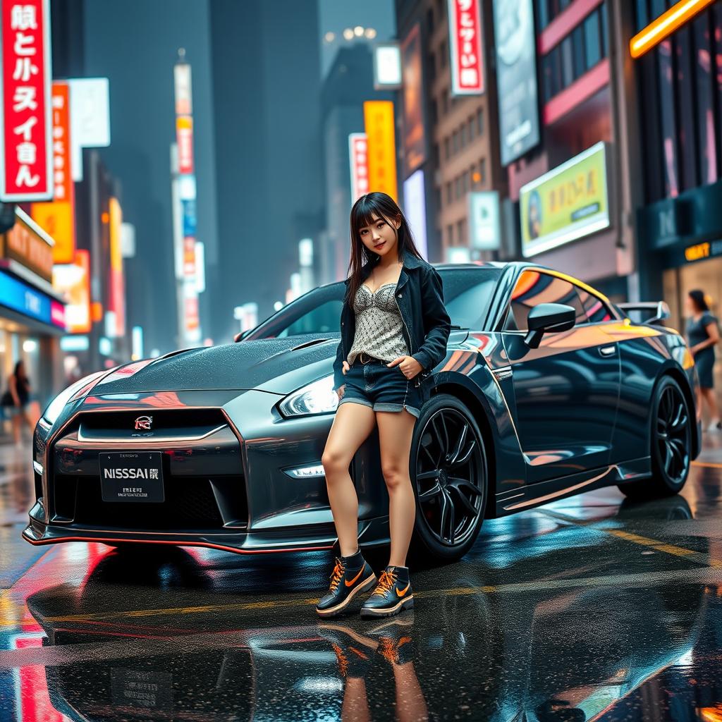 A sleek Nissan GT-R R35 parked in a vibrant urban setting, surrounded by neon lights and bustling city life