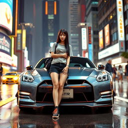 A sleek Nissan GT-R R35 parked in a vibrant urban setting, surrounded by neon lights and bustling city life