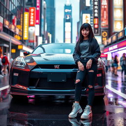 A sleek Nissan GT-R R35 parked in a vibrant urban setting, surrounded by neon lights and bustling city life