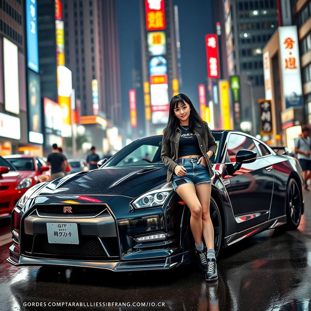 A sleek Nissan GT-R R35 parked in a vibrant urban setting, surrounded by neon lights and bustling city life