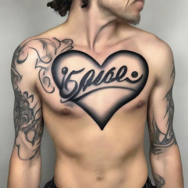 A high-resolution digital image of a tattoo design featuring a detailed heart shaded in black and grey tones, with the word 'Gabe' superimposed in bold, cursive script