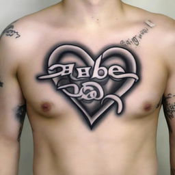 A high-resolution digital image of a tattoo design featuring a detailed heart shaded in black and grey tones, with the word 'Gabe' superimposed in bold, cursive script