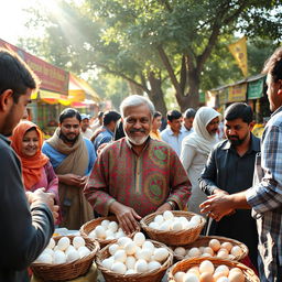 A vibrant market scene with Circkter Muhammad Rizwan enthusiastically selling boiled eggs