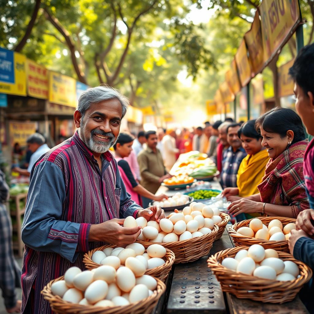 A vibrant market scene with Circkter Muhammad Rizwan enthusiastically selling boiled eggs