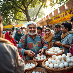 A vibrant market scene with Circkter Muhammad Rizwan enthusiastically selling boiled eggs