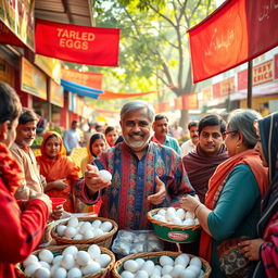 A vibrant market scene with Circkter Muhammad Rizwan enthusiastically selling boiled eggs