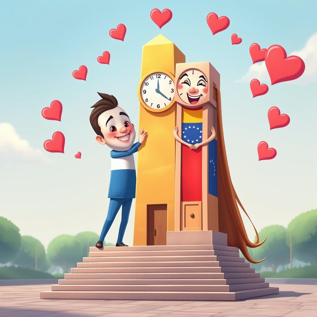 A delightful animated scene featuring the Obelisco de Buenos Aires as a male figure, beautifully painted with the colors of the Argentine flag, and the Obelisco de Barquisimeto as a female figure, depicted as a rectangular structure with long flowing hair