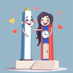 A delightful animated scene featuring the Obelisco de Buenos Aires as a male figure, beautifully painted with the colors of the Argentine flag, and the Obelisco de Barquisimeto as a female figure, depicted as a rectangular structure with long flowing hair