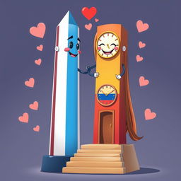 A delightful animated scene featuring the Obelisco de Buenos Aires as a male figure, beautifully painted with the colors of the Argentine flag, and the Obelisco de Barquisimeto as a female figure, depicted as a rectangular structure with long flowing hair
