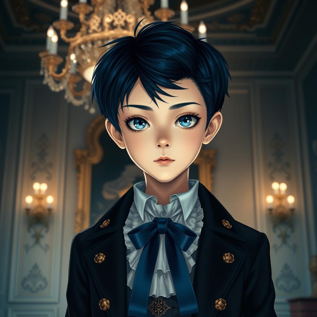 A young boy with striking features similar to Ciel Phantomhive from Black Butler, featuring dark blue hair styled neatly, piercing blue eyes, and elegant Victorian clothing