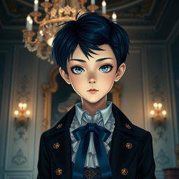 A young boy with striking features similar to Ciel Phantomhive from Black Butler, featuring dark blue hair styled neatly, piercing blue eyes, and elegant Victorian clothing