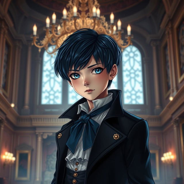 A young boy with striking features similar to Ciel Phantomhive from Black Butler, featuring dark blue hair styled neatly, piercing blue eyes, and elegant Victorian clothing