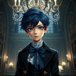 A young boy with striking features similar to Ciel Phantomhive from Black Butler, featuring dark blue hair styled neatly, piercing blue eyes, and elegant Victorian clothing