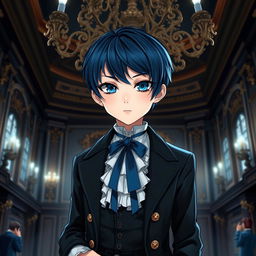 A young boy with striking features similar to Ciel Phantomhive from Black Butler, featuring dark blue hair styled neatly, piercing blue eyes, and elegant Victorian clothing