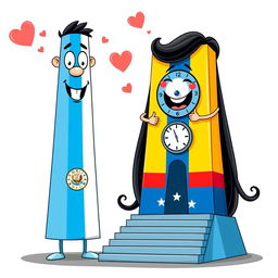 A whimsical and colorful animation of two obelisks personified: the Obelisco de Buenos Aires as a tall male figure, adorned with the Argentine flag, featuring bright blue and white colors