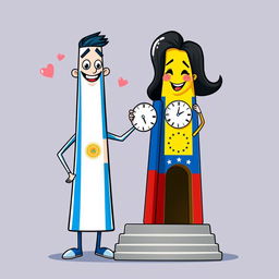 A whimsical and colorful animation of two obelisks personified: the Obelisco de Buenos Aires as a tall male figure, adorned with the Argentine flag, featuring bright blue and white colors
