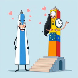 A whimsical and colorful animation of two obelisks personified: the Obelisco de Buenos Aires as a tall male figure, adorned with the Argentine flag, featuring bright blue and white colors