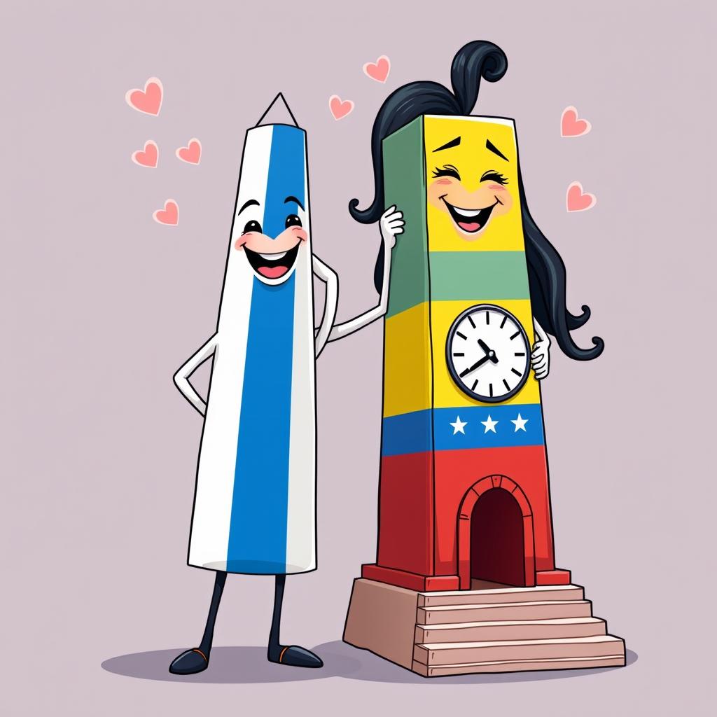 A whimsical and colorful animation of two obelisks personified: the Obelisco de Buenos Aires as a tall male figure, adorned with the Argentine flag, featuring bright blue and white colors