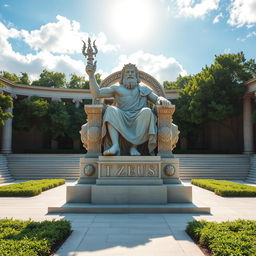 A majestic statue of Zeus, depicted as a powerful and imposing figure, seated on a grand throne adorned with intricate carvings